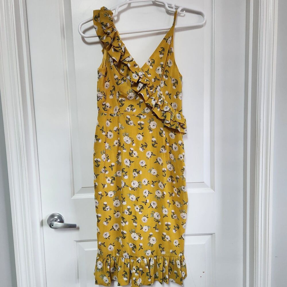 Lucy Wang Yellow Floral Dress Medium One Shoulder Ruffle Garden Party Wedding